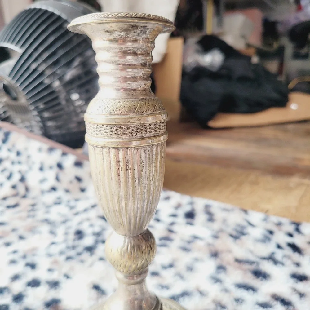 Vintage Silver Ornate Urn Candlestick Holder Classic Ribbed Metal 8